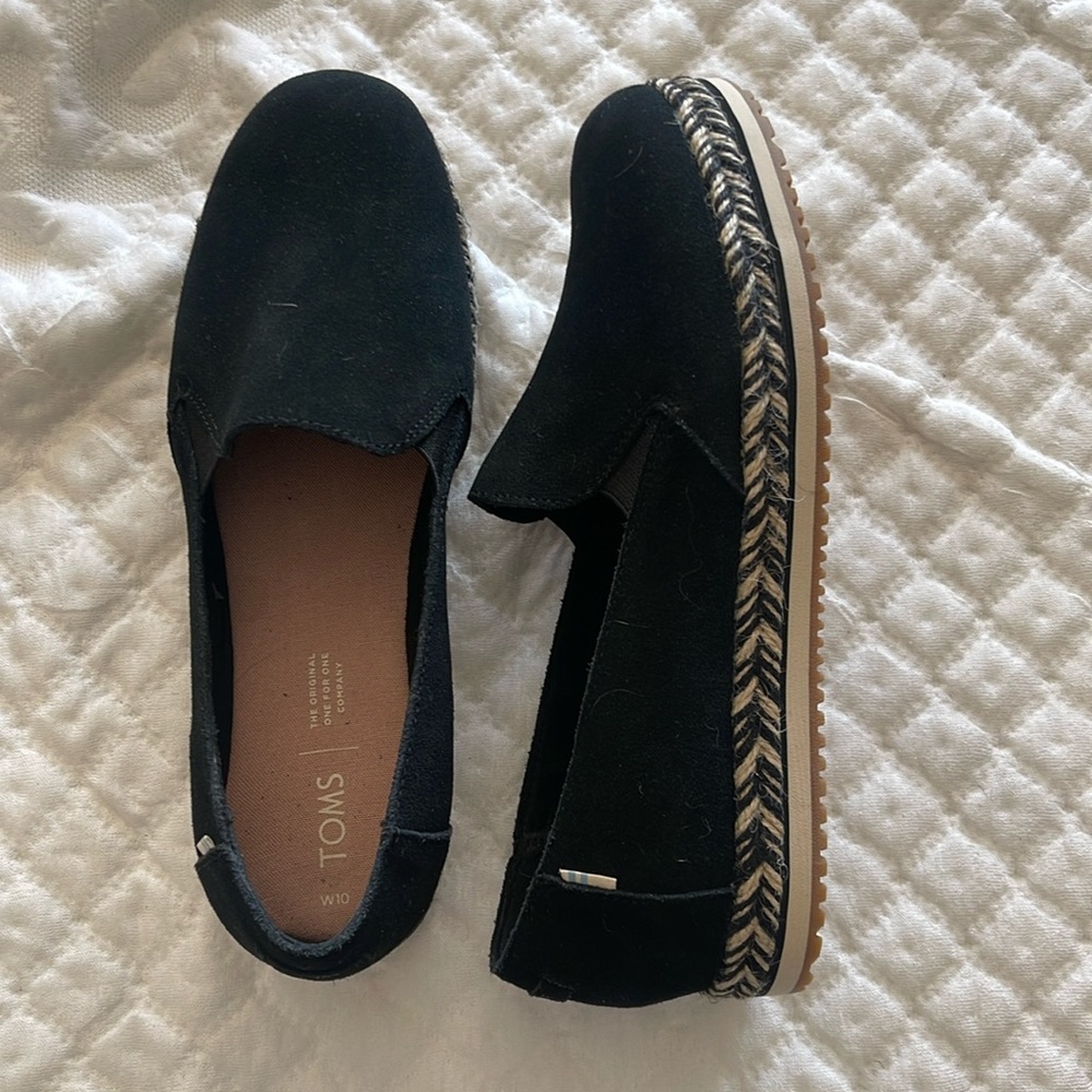 TOMS black suede slip-one, size 10
